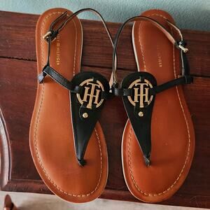 Tommy Hilfiger Sandals Black Logo Thong T Strap Buckle Women 8M Beach Summer